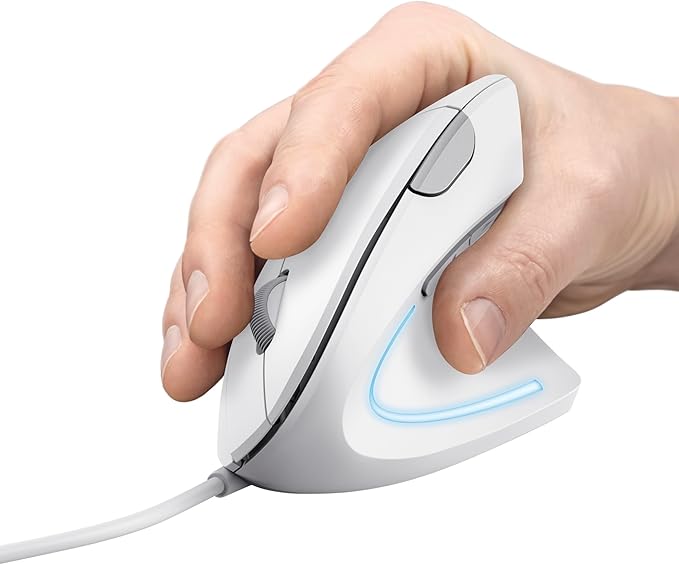 Trust Verto Wired Ergonomic Mouse Vertical Mouse with LED Illumination Reduces Arm Strain 1000-1600 DPI 6 Buttons for Right Hand Users 1.5m USB Cable Computer Mouse for PC Laptop. Mac - White