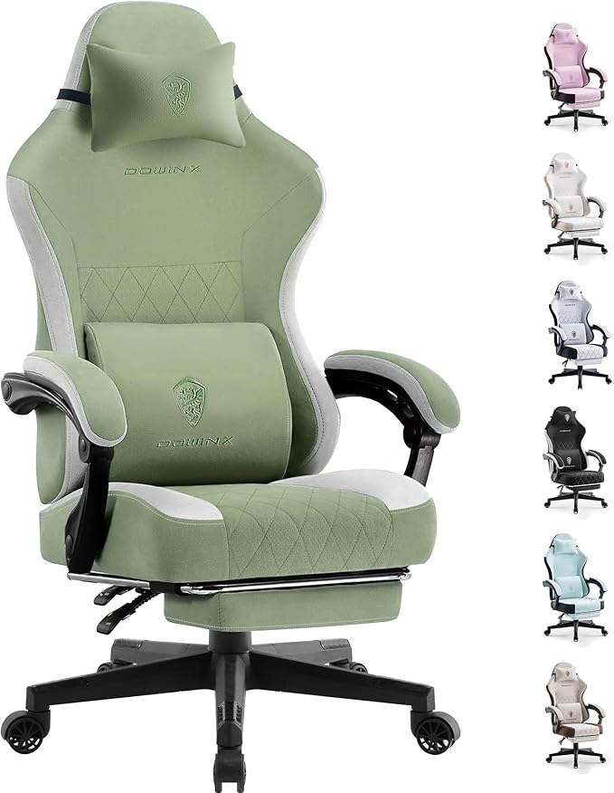 Dowinx Gaming Chair Fabric with Pocket Spring Cushion High Back Ergonomic Computer Chair with Footrest for Adults Massage Lumbar Support Swivel Game Chair for Office Gaming 300LBS Green
