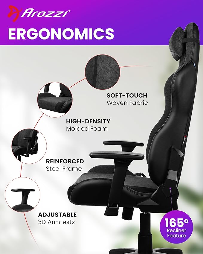 Arozzi Avanti Gaming Chair - Soft Fabric Ergonomic Gaming Chairs for Adults - Adjustable Height Backrest &amp Armrest with Head Pillow - Home Office Setup Professional Computer Chairs Dark Grey