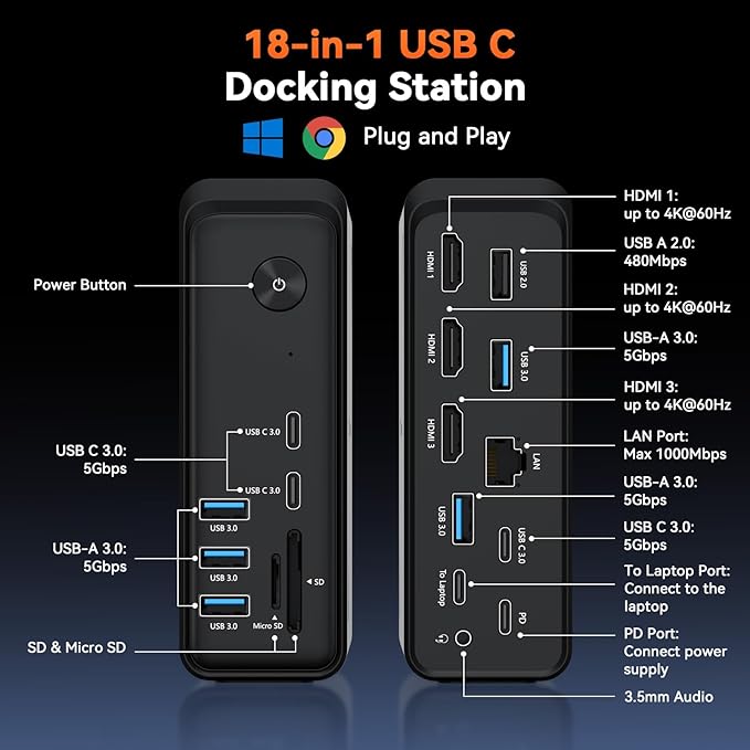 TobenONE 18 in 1 Laptop Docking Station 3 Monitors Triple 4K Display with 3 HDMI 9 USB Ports Gigabit Ethernet PD3.0 for Windows/Dell/Lenovo/HP/Thinkpad Laptops (No Power Adapter)