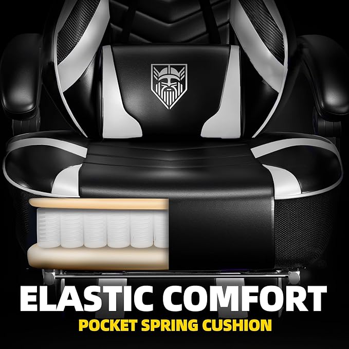 Vonesse Gaming Chair Big and Tall Gaming Chair with Footrest and Massage Gaming Chairs for Adults with Lumbar Support Ergonomic High Back Computer Chair with Pocket Spring Cushion (White/Black)