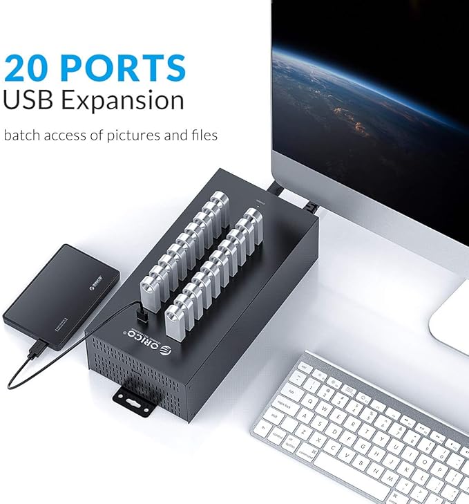 ORICO Industrial USB Hub 20 Ports Mountable 150W Powered Industrial Grade USB 2.0 Hub Full Metal Case High-Speed Data Transfer