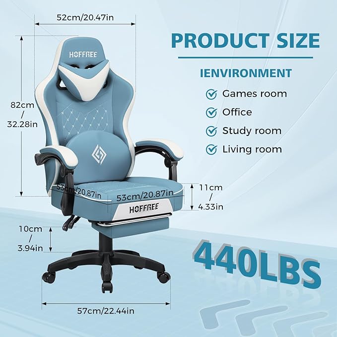HOFFREE Gaming Chair Computer Chair with Pocket Spring Cushion Massage Game Chair with Footrest Ergonomic High Back Computer Gaming Chairs for Adults Adjustable Swivel Gamer Chair Stone Blue and White