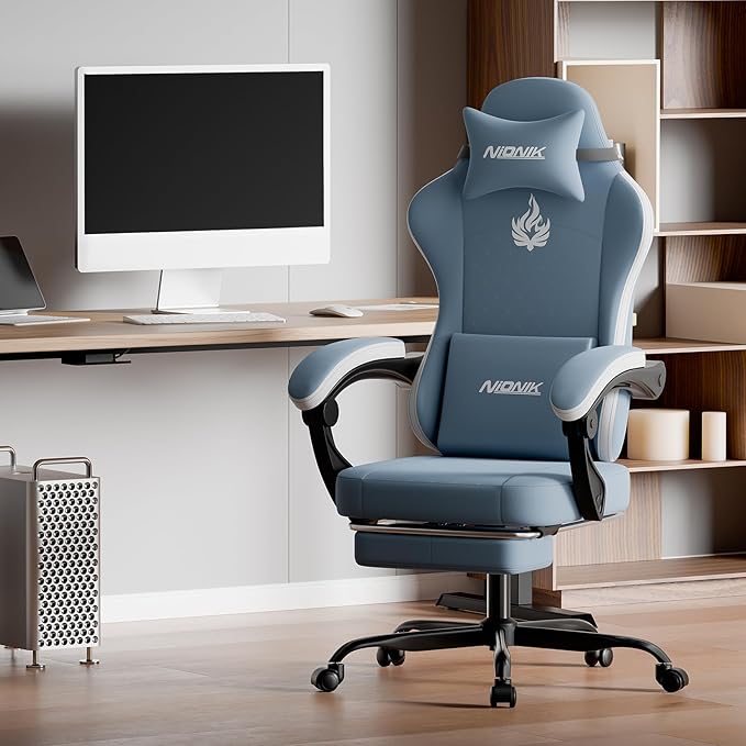 Gaming Chair with MassageErgonomic PC Gaming Chair Computer Chairs with Footrest Comfortable Headrest and Lumbar Support High Back BLUENWHITE