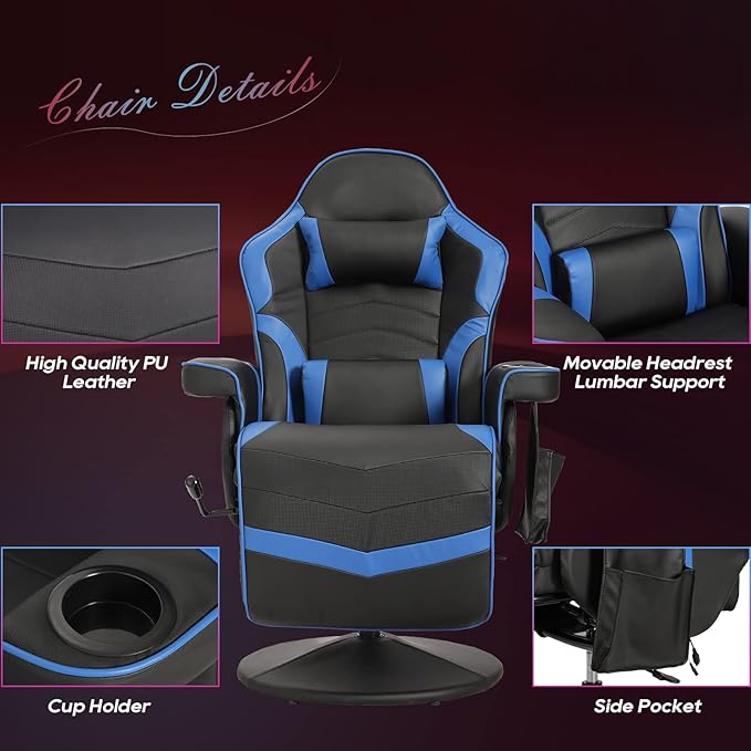 Gaming Chair Reclining Gaming Chair with Footrest PU Leather Game Chair Recliner with Massage Swivel Recliner Gaming Chairs for Adults with Cup Holder Lumbar Support Side Pouch (Blue)