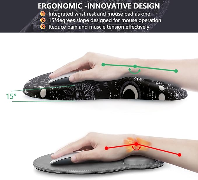 Mouse Pad Wrist Support Ergonomic Mouse Pad with Wrist Rest Comfortable Computer Mouse Pad for Laptop Pain Relief Mousepad with Non-Slip PU Base Sun Moon