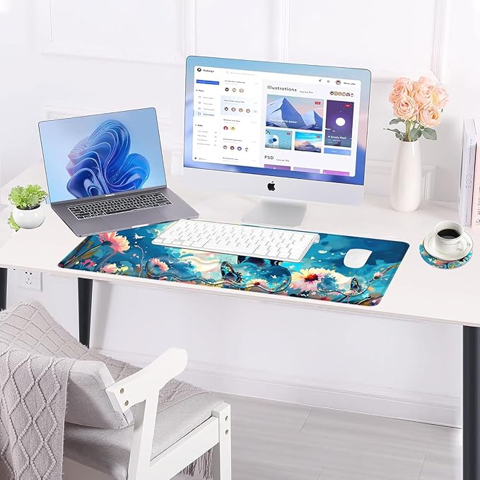 Large Keyboard Mouse Pad Set Extended Mouse Pad+Keyboard Wrist Rest Support Memory Foam Ergonomic Easy Typing 4Pcs (31.5×11.8 in) Desk Pad Set for Office HomeFlowers and Butterflies