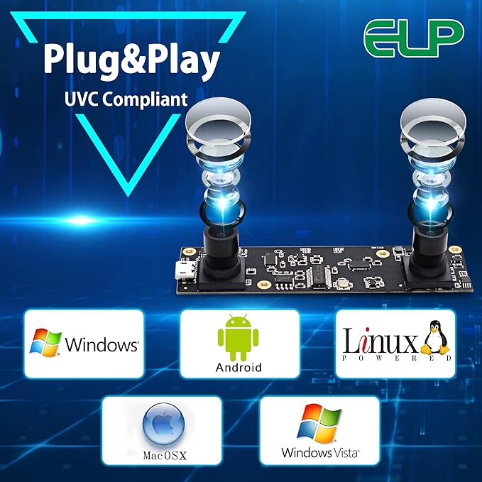 ELP 1080P Dual Lens USB 3D Stereo Webcam Board for Computer and Raspberry Pi - AR0330 Binocular USB2.0 PC Camera Mini UVC USB Security Laser Engraver Laptop Lightburn