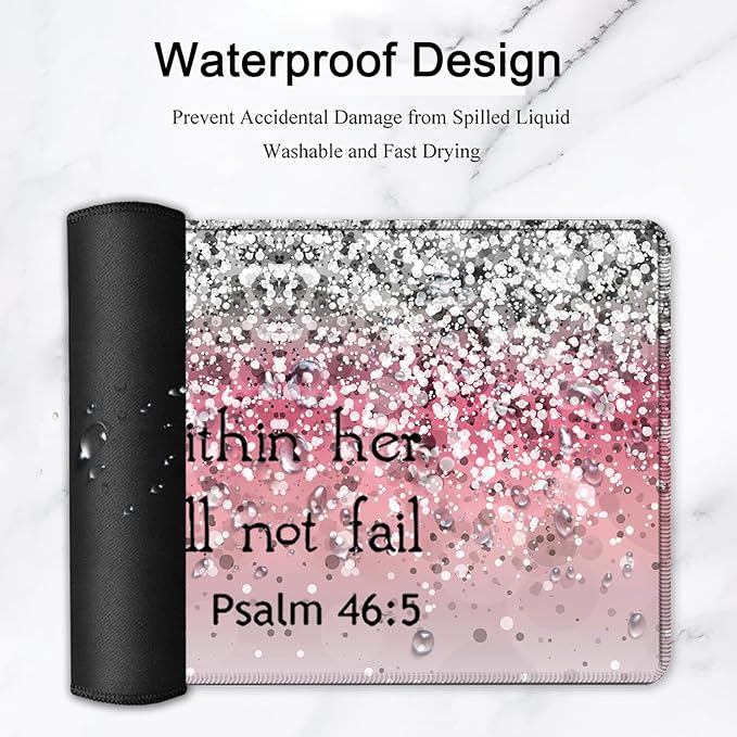 Large Gaming Mouse Pad Extended Waterproof Desk Pad Protector (31.5 x 11.8) Ergonomics Memory Foam Mouse Wrist Rest Support for Home Office Laptop Easy Typing Psalm 46:5 Pink Glitter Mouse Mat