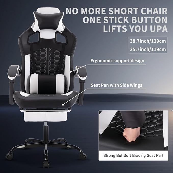 Gaming Chair with MassageErgonomic PC Gaming Chair with Footrest Comfortable Headrest and Lumbar SupportHigh Back PVC Leather300LBS (Black White)