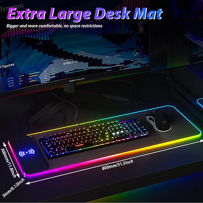 Wireless Charging RGB Mouse Pad Gaming LED Mousepad with 10 Light Modes Extra Large XXL Full Non-Slip Desk Pad Mat for Keyboard and Mouse Computer MacBook PC Laptop Acessories (800x300x4MM)