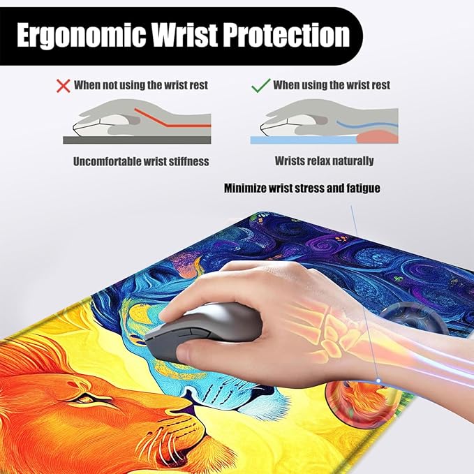 Mouse PadLarge Desk Mat Set 4in1 XL Mousepad + Keyboard Wrist Rest+Mouse Wrist Rest+Coaster with Ergonomic Desk Pad for Home Office Table Computer Cover -Rainbow Lions Abstract