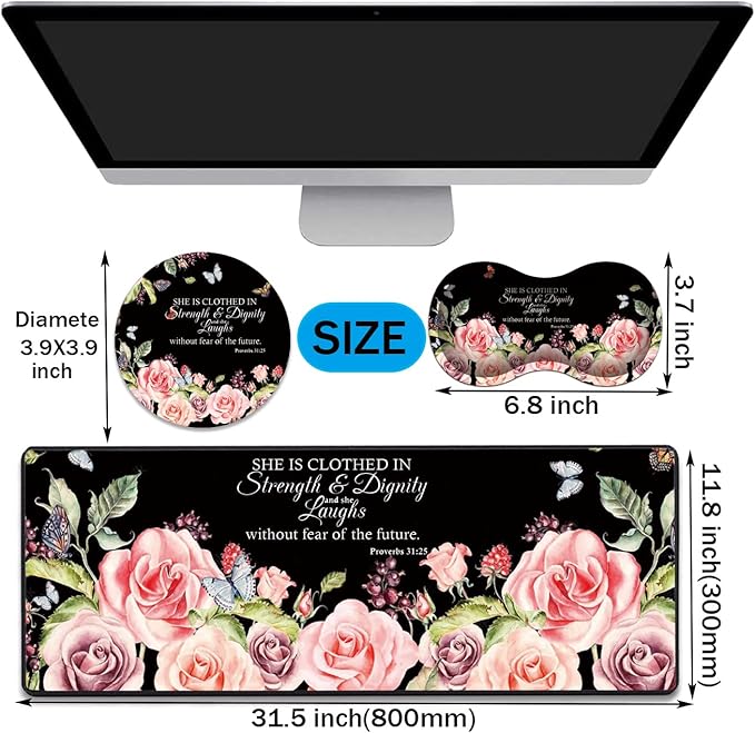 Desk Pad Gaming Mouse Pad + Wrist Rest Support Pad + Coaster 31.5 × 11.8 Durable Non-Slip Extended Computer Mouse Pad Suitable for Office and Home Bible Verses Proverbs 31:25