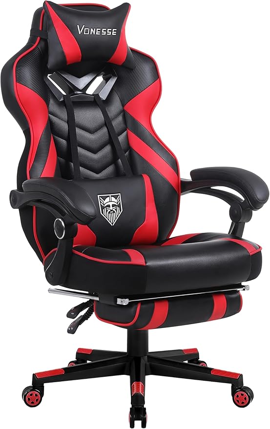 Vonesse Gaming Chair Big and Tall Gaming Chair with Footrest and Massage Gaming Chairs for Adults with Lumbar Support Ergonomic High Back Computer Chair with Pocket Spring Cushion (Red/Black)