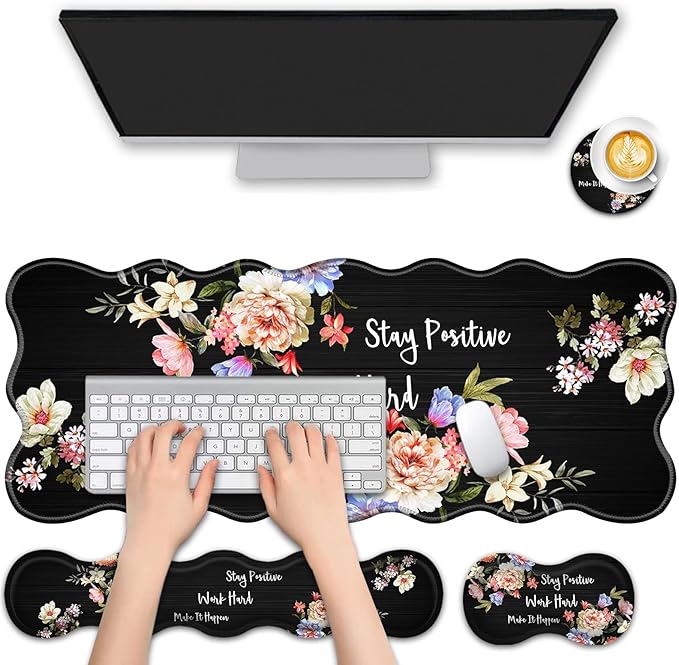 4 in 1 Desk Mat SetMouse Pad with Keyboard Wrist RestWave-Shaped DesignNon-Slip Rubber BaseWaterprooffor HomeOfficeInspirational Quotes
