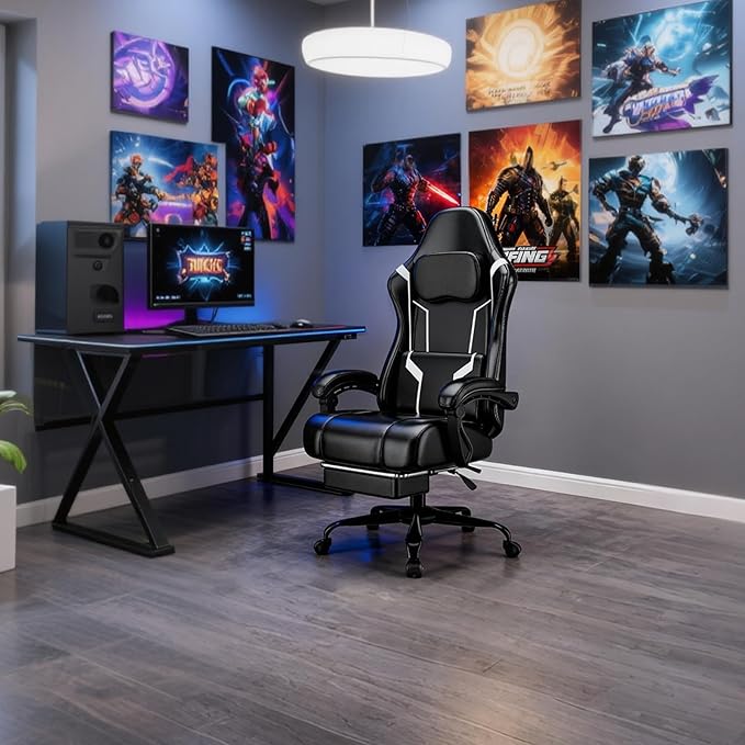 Ergonomic Gaming Chair Video Game Chair with Pocket Spring Cushion and Footrest Height Adjustable Computer Chair with Swivel Seat and Headrest (White)