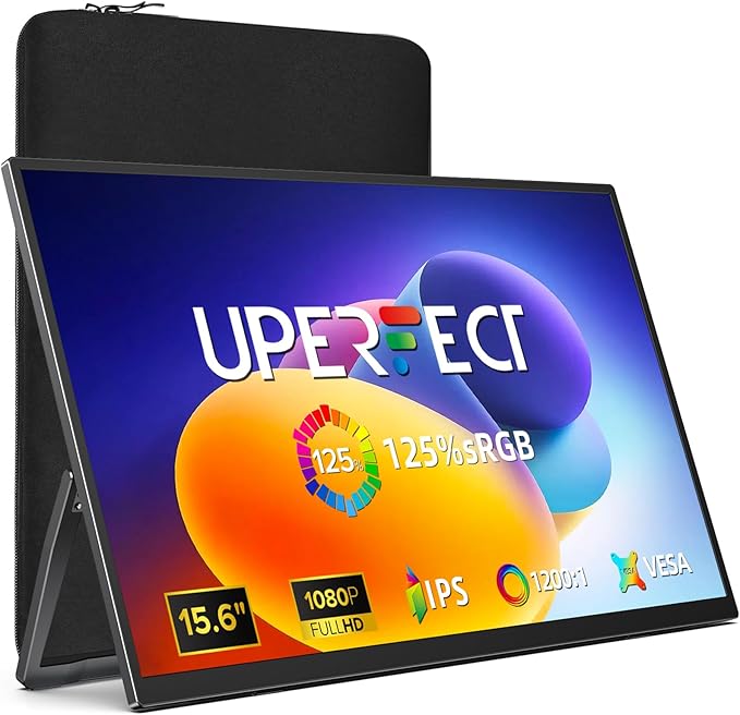 UPERFECT Portable Monitor 15.6 125% sRGB Ultra-Slim Laptop Monitor with Protective Sleeve Built-in Adjustment Stand | Speaker | VESA HDMI USB-C Plug &amp Play Second Screen for Phone Game Console