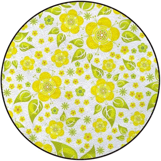 Exotic Marble Round Area Rug Throw Rugs Soft Washable Small Round Floor Mats for Bedroom Living Room Lemons Simplistic Citrus FruitsGreen Yellow White Diameter 43.3 in