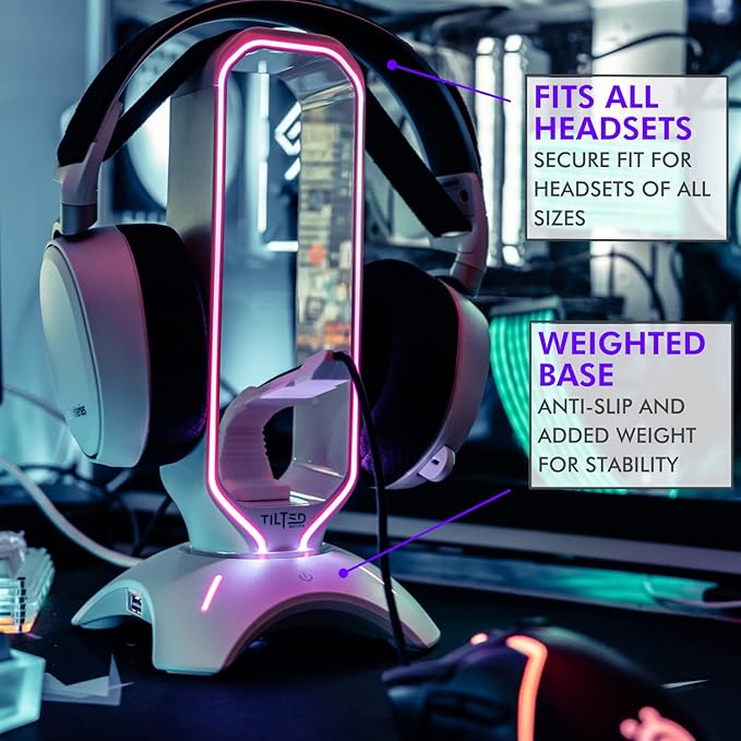 Tilted Nation Gaming Headphone Stand | RGB Headset Stand White | Headset Holder for Desk with Mouse Bungee and USB Hub | The Ultimate Gaming Accessories for Gamers for PS5 Xbox PC - White