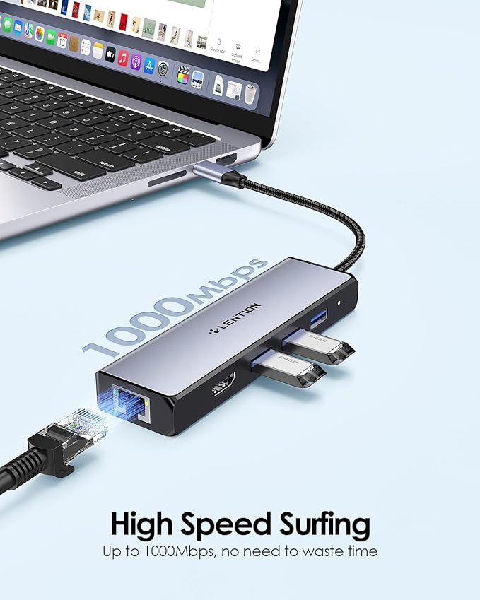 LENTION USB C Hub with 1000M Gigabit Ethernet Adapter 4K HDMI Display 3xUSB-A 3.0 Ports for MacBook Pro/Air/Neo Dell Lenovo HP Laptops and More Stable Driver Certified (C25 Space Gray)