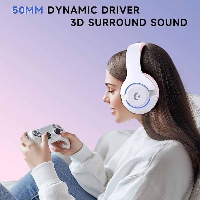 Gtheos Wireless Gaming Headset for ps5 ps4 Elden Ring PC Mac Switch Bluetooth 5.3 Gaming Headphones with Noise Canceling Microphone 45H Battery RGB Light Pink