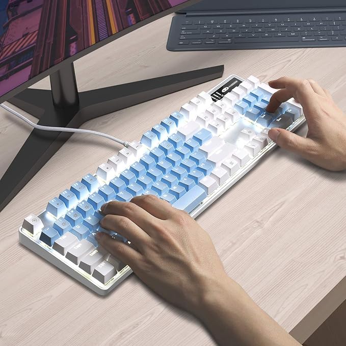 MageGee Mechanical Gaming Keyboard New Upgraded Blue Switch 104 Keys White Backlit Keyboards USB Wired Mechanical Computer Keyboard for Laptop Desktop PC Gamers(White &amp Blue)