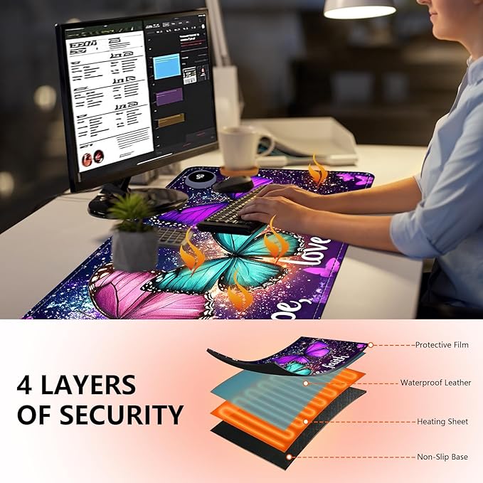 Heated Mouse Pad - 3 Temperature Settings (86°F–122°F)Auto Shut OffLarge 31.5x13 Inch PU Leather Desk Mat for OfficeGamingCold Hands ReliefPurple Butterflies