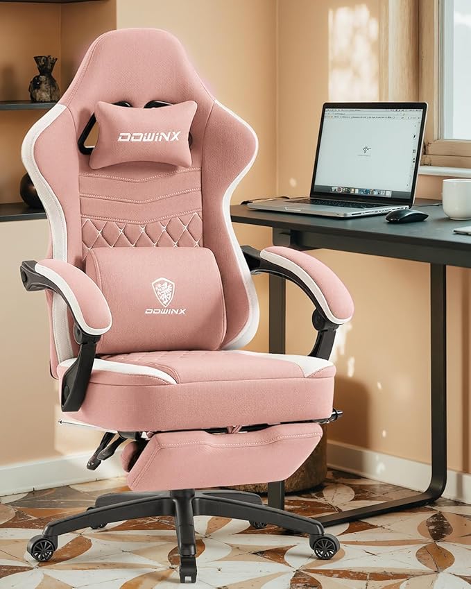 Dowinx Gaming Chair Breathable Fabric Game Chair with Gel Pad and Storage Bag Comfortable Gamer Chair with Pocket Spring Cushion Ergonomic Computer Chair with Footrest Pink and White