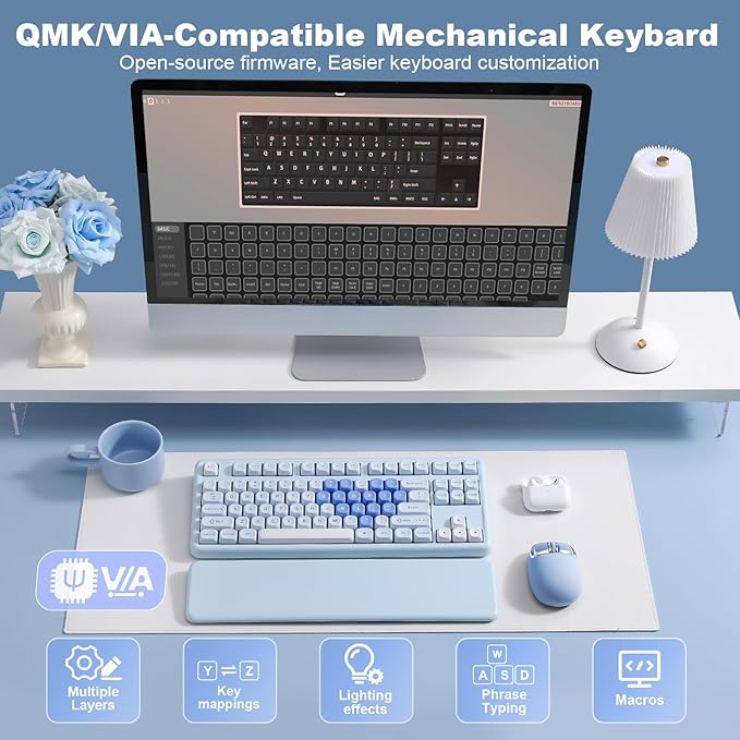 YUNZII B87 Wireless Mechanical KeyboardQMK/VIA ProgrammableTKL Layout 87 KeysBT/2.4G/USB-CHot Swap Gasket Mount RGB Backlit Gaming with Wrist Rest for Win/Mac (Blue Heart Cocoa Cream V2)