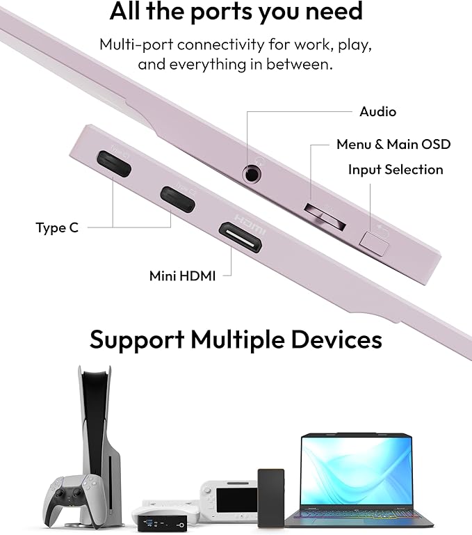 Pixio PX160 Wave Pink Portable Monitor 15.6 inch 60Hz FHD 1080p IPS Panel HDR Screen Cover Stand USB-C HDMI Laptop Screen Extender Portable Monitor for Laptop PC Console Phone
