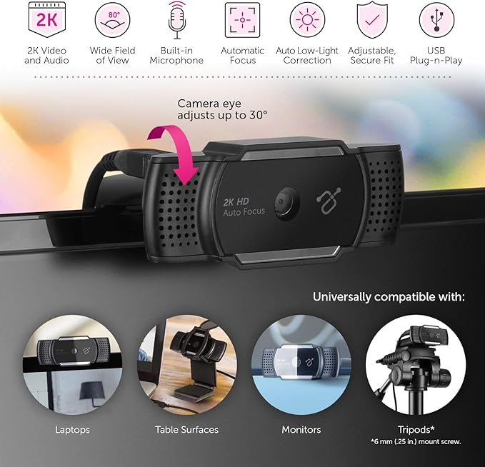 Aluratek 2K HD Webcam with Dual Stereo Noise Cancelling Mics Auto Focus and Low Light Correction Built-in Tripod Mount Universally Compatible
