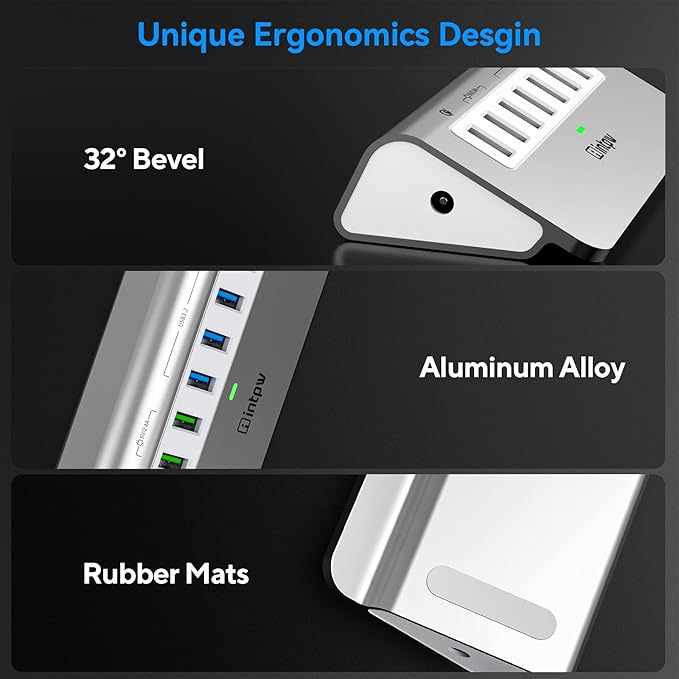 Powered USB Hub 10Gbps 7 Port USB 3.2 Gen 2 Hub with 4 USB 3.2 Data Ports 3 Fast Charging Ports 36W Power Adapter Type A and Type C Cable Aluminum USB Data Hub for Mac PC Laptop