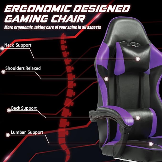 Gaming Chair Ergonomic Office Chair with Linkage Armrests High Back Computer Desk Chair with Retractable Footrest &amp Adjustable Headrest 350 lbs Capacity (Purple)