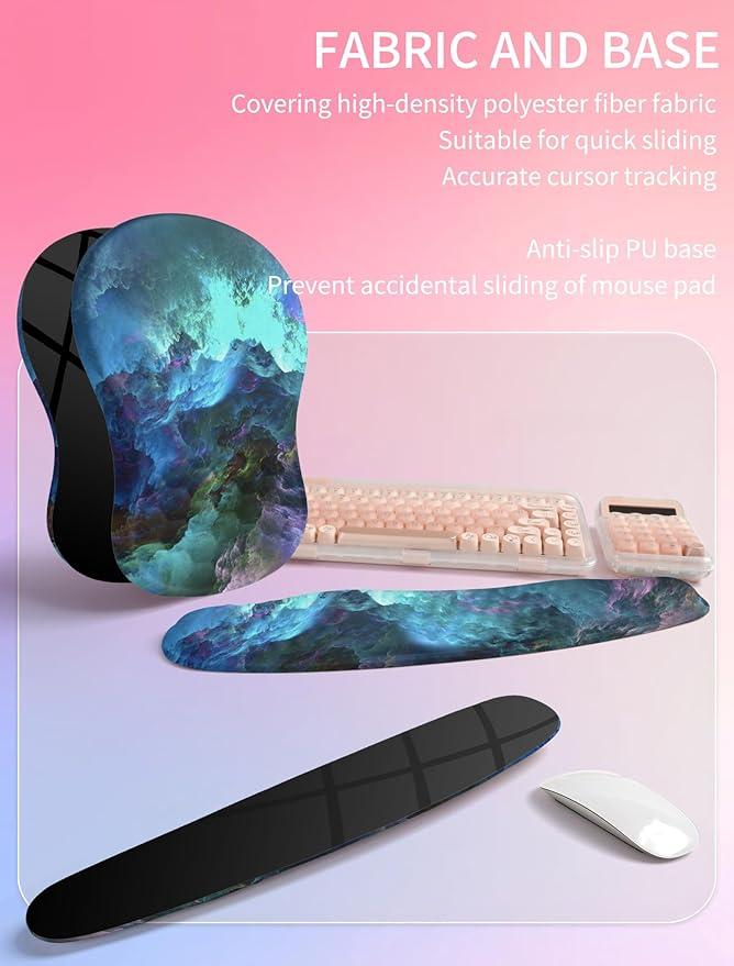 Hokafenle 2in1 Combination Wave Keyboard Wrist Rest and Ergonomic Curvature Mouse Pad Wrist Support for Relieve Wrist Pain Filled with Soft Cushion Memory Foam Nebula Dreamland