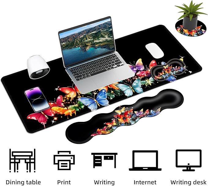 Keyboard Mouse Pad Set Extended Gaming Mouse Pad+Ergonomics Keyboard Wrist Rest Support Memory Foam Easy Typing Pain Relief 4Pcs XL Ultra Thick Desk MatButterfly Christmas Tree