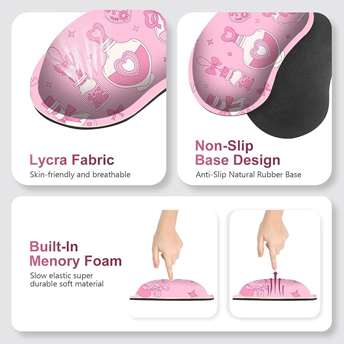 Desk Mat Pad Gaming Mouse Pad Wrist Support Set 4 in1 Non-Slip XXL Large Mousepad + Ergonomic Keyboard Wrist Rest+Mouse Wrist Rest+Coaster for Home Office Computer I Pink Kawaii Bow Bottle