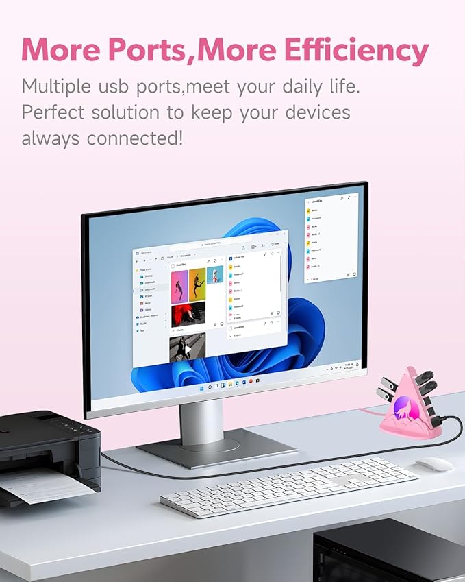 7 Port USB 3.0 HubPink USB Hub with Wolf Shaped RGB Night Light 2ft Long Cable and Pink Basefor Laptop PC Flash Drive HDD Console Printer Keyborad Mouse and More(Charging Not Supported)