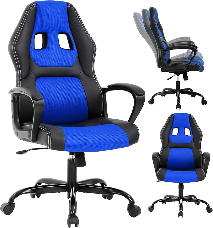 Silla Gamer Ergonomic Racing Chair - Blue Leather Massage Gaming Chair for Adults and Kids