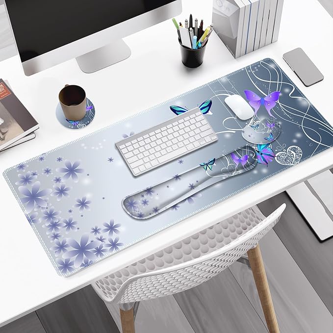 Cute Butterfly Desk Mat Florals 4 in1 Large Gaming Mouse Pad Set Ergonomics Keyboard Pad with Memory Foam Wrist Rest Extended Game Mousepad Non-Slip Desk Protector Matt Easy Typing Pain Relief