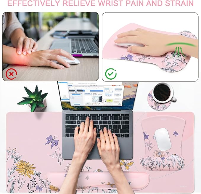 MEGREZ 4-in-1 Ergonomic Memory Foam Wrist Rest Set Desk Pad Mouse Pad with Wrist Rest Keyboard Pad Suitable for Office Workers Programmers &amp Gamers–Relieve Typing &amp Gaming Fatigue Light