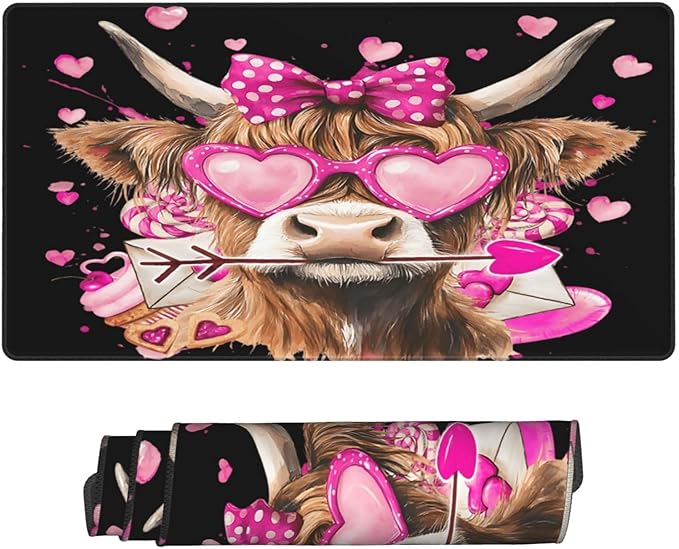 Cute Highland Cow with Bow Heart Glasses Mouse Pad Non Slip Large Desk Keyboard Mat Gaming Protection Pad 16X29.5 Inch