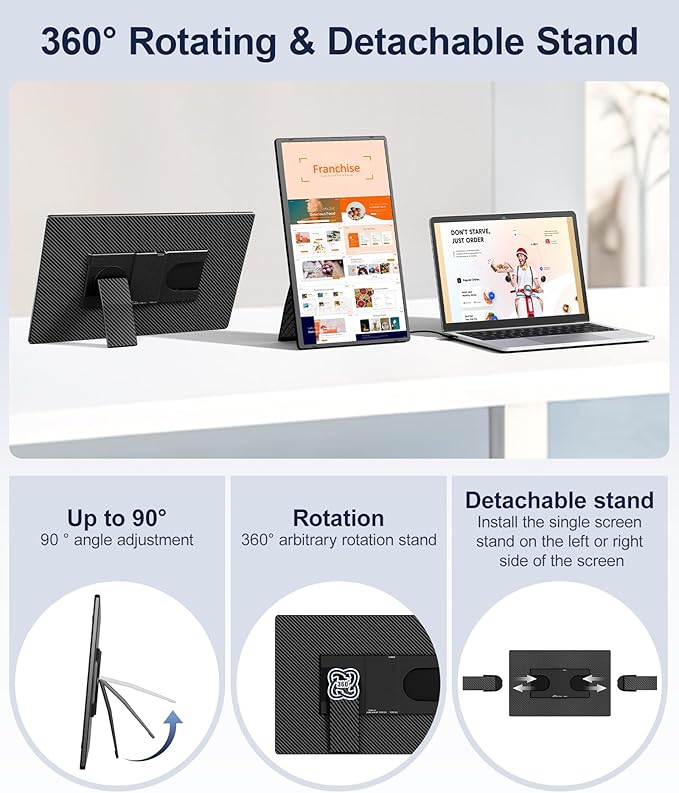 16.1 Portable Monitor 1200P FHD Laptop Screen Extender 360° Rotating Detachable Stand Plug&ampPlay Dual Monitor Ultra-Thin Zero Frame Portable Screen for Laptop/PC/Mac/Windows/PS5