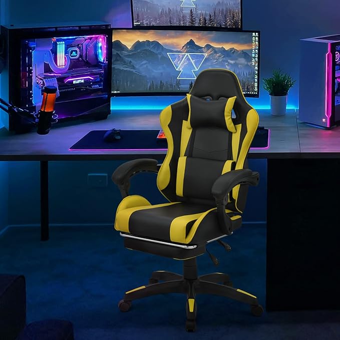 MoNiBloom Gaming Chair Office Chair Leather High Back Computer Chair with Headrest and Lumbar Support 360° Swivel Ergonomic Footrest Adjustable Gamer Chair for Adult Teen Home Office Using Yellow