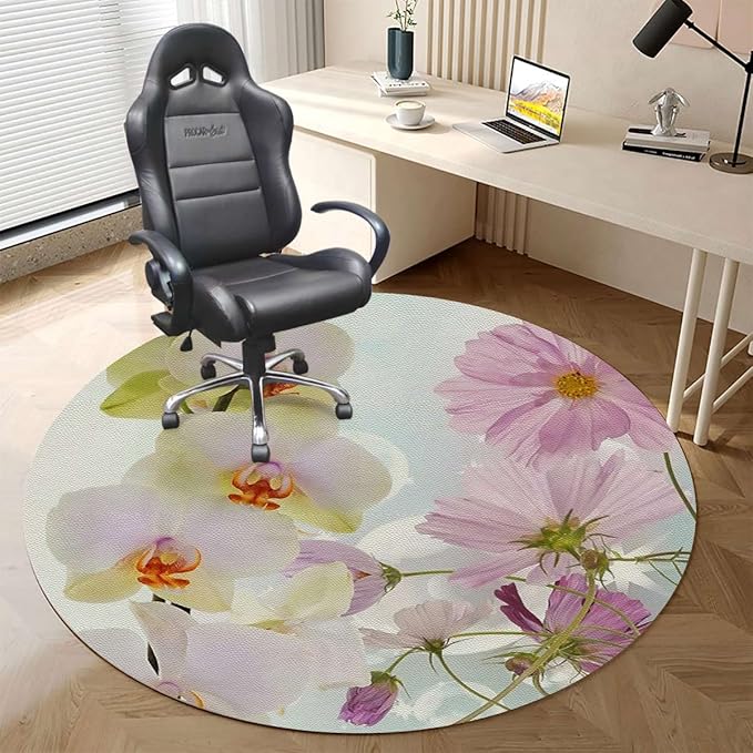 Pink Purple PU Leather Carpet for Hard Wood &amp Tile Floor Modern Romantic Floral Design Chair Rugs Floor Protectors Mat Computer Chair Mat for Rolling Chair Abstract Diameter 47.2 in