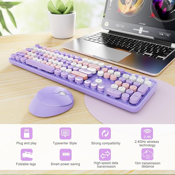Wireless Keyboard and Mouse Combo Ergonomic Full Size Typewriter Retro Round Keycaps Keyboard Compatible with Windows PC Perfer for Home and Office Keyboards (Purple