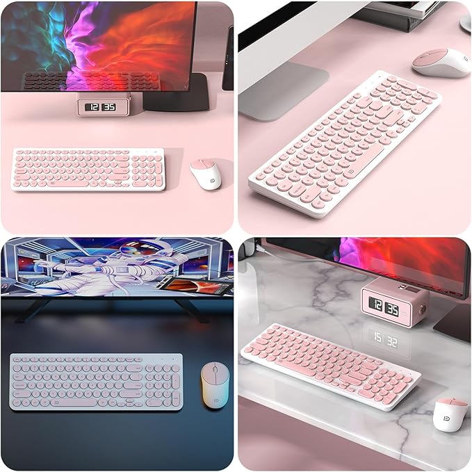 FD iK6630 Wireless Keyboard and Mouse Combo - 2.4GHz USB Cordless Cute Round Keys Quiet and Slim Set for Laptop Computer TV and Mac - Salmon Pink &amp White