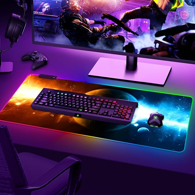 ARTSO RGB Gaming Mouse Pad Large Extended LED Mouse Mat XXL 35.4x15.7 inch 14 Lighting Modes 2 Brightness Non-Slip Rubber Base Mousepad Waterproof Keyboard MatUniverse Space Starry Sky