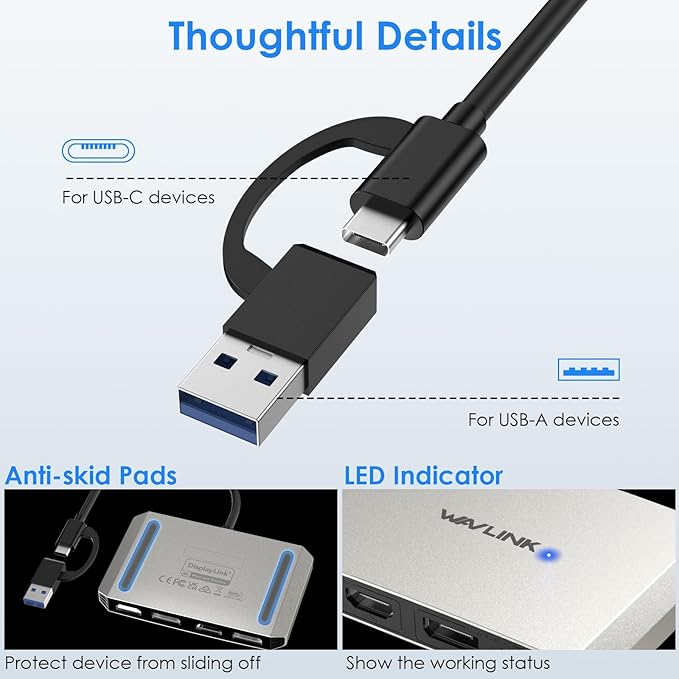 WAVLINK USB C and USB 3.0 to Dual 4K DisplayPort/HDMI Adapter Displaylink Monitor Splitter Extended Display for Dual Monitor 4K@60Hz HDMI/DP Splitter Compatible with Mac M1-M4Window Laptop-Silver
