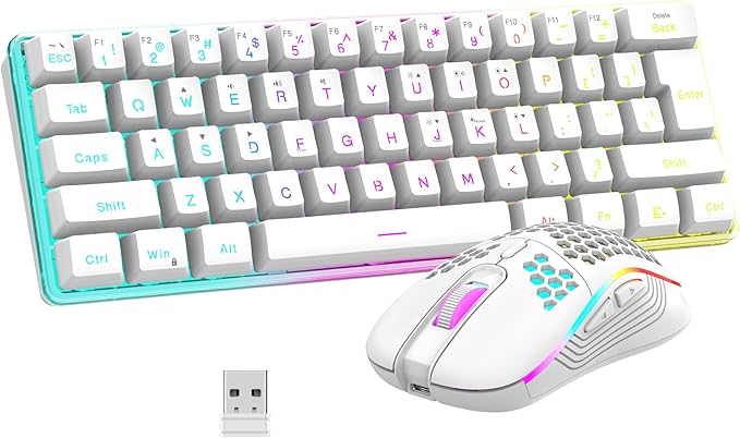 RedThunder 60% Wireless Gaming Keyboard and Mouse Combo 2500mAh Rechargeable Battery Ultra-Compact Small RGB Mechanical Feel Keyboard Lightweight Honeycomb Optical Mouse for Gaming/Business White