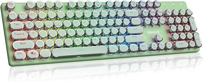 Redragon K710 Wireless Typewriter Mechanical Gaming Keyboard Bluetooth/2.4Ghz/Wired RGB Led Backlit Blue Switch - Clicky Rechargeable Solid Metal Panel Round Keycaps Green